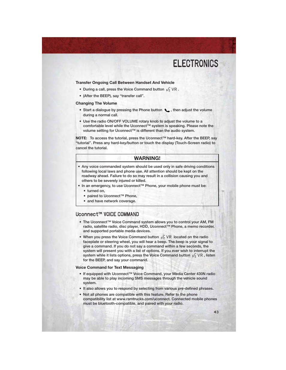 Transfer ongoing call between handset and vehicle, Changing the volume, Uconnect™ voice command | Voice command for text messaging, Electronics, Warning | Ram Trucks 2011 3500 - User Guide User Manual | Page 45 / 116