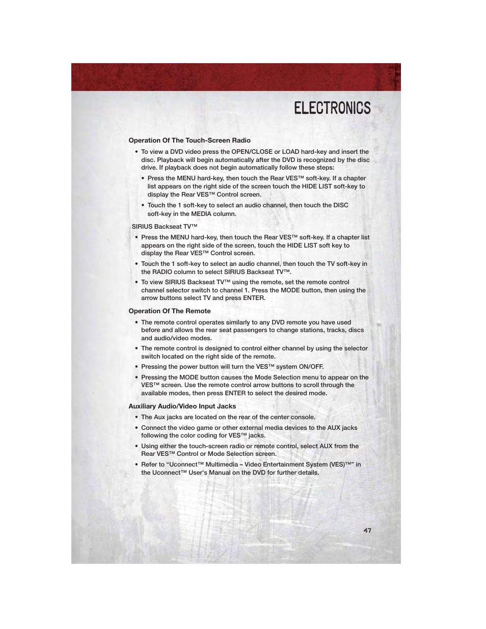 Operation of the touch-screen radio, Operation of the remote, Auxiliary audio/video input jacks | Electronics | Ram Trucks 2011 3500 - User Guide User Manual | Page 49 / 116