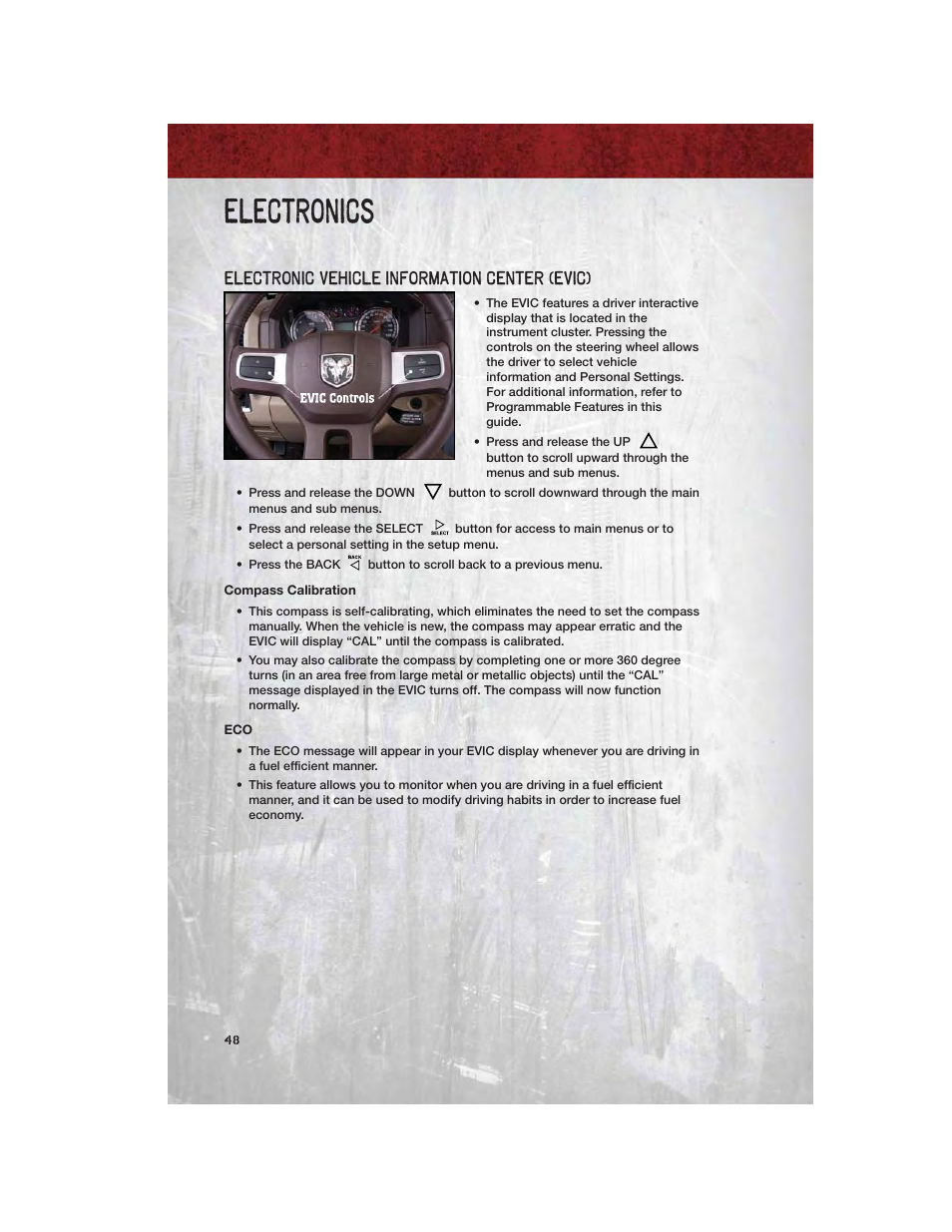 Electronic vehicle information center (evic), Compass calibration, Electronics | Ram Trucks 2011 3500 - User Guide User Manual | Page 50 / 116