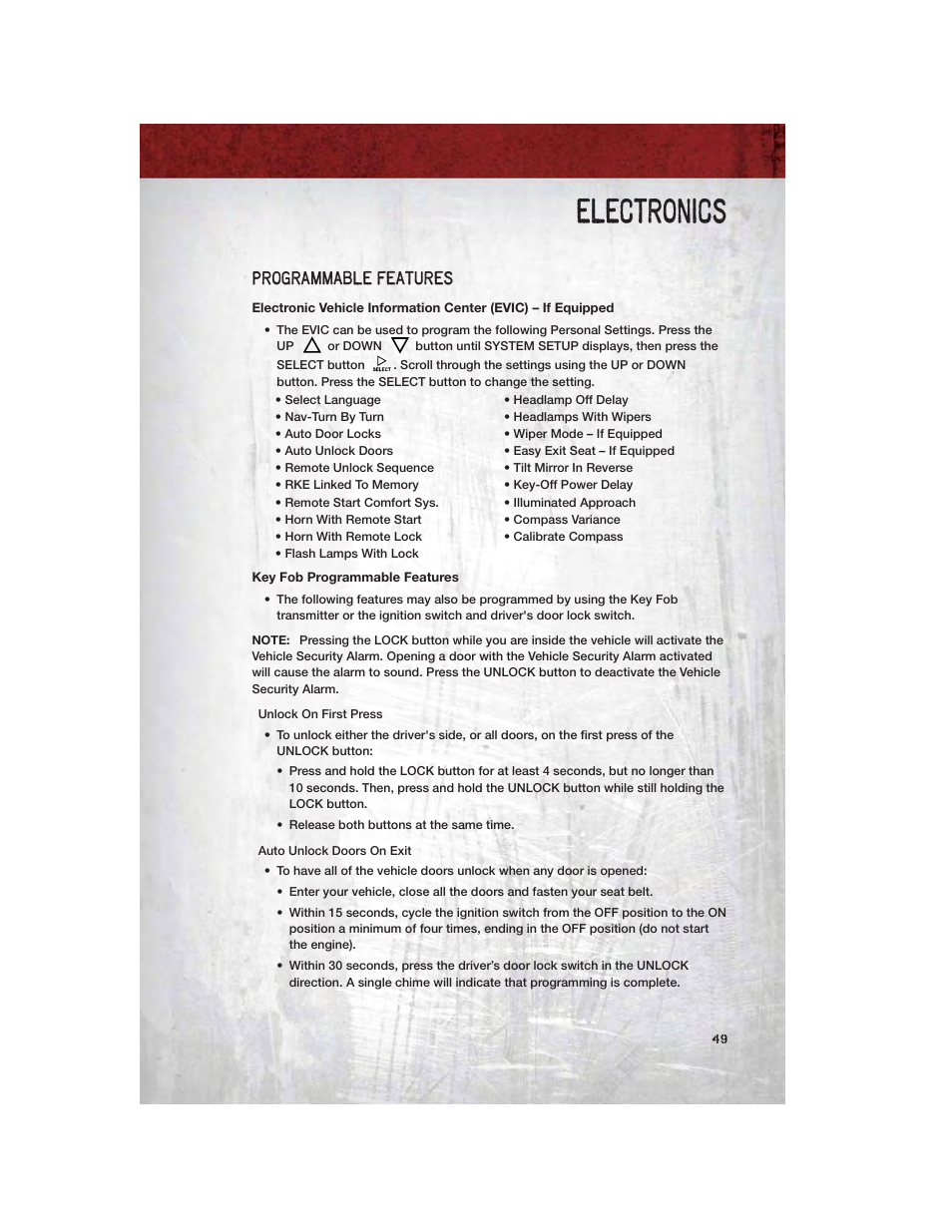 Programmable features, Key fob programmable features, Electronics | Ram Trucks 2011 3500 - User Guide User Manual | Page 51 / 116