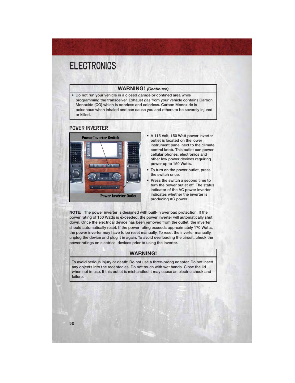 Power inverter, Electronics | Ram Trucks 2011 3500 - User Guide User Manual | Page 54 / 116