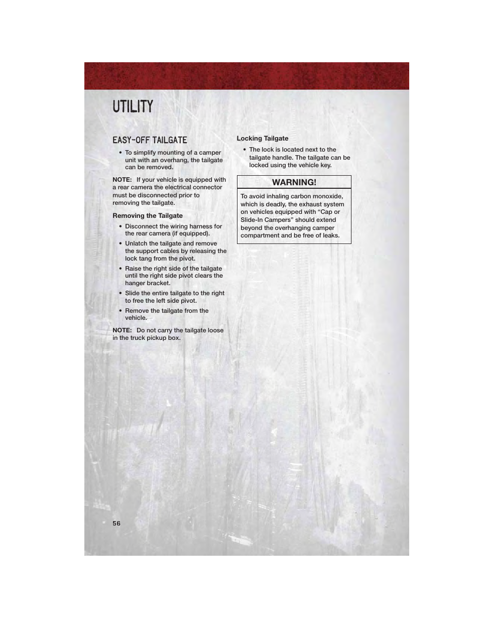 Utility, Easy-off tailgate, Removing the tailgate | Locking tailgate, Warning | Ram Trucks 2011 3500 - User Guide User Manual | Page 58 / 116