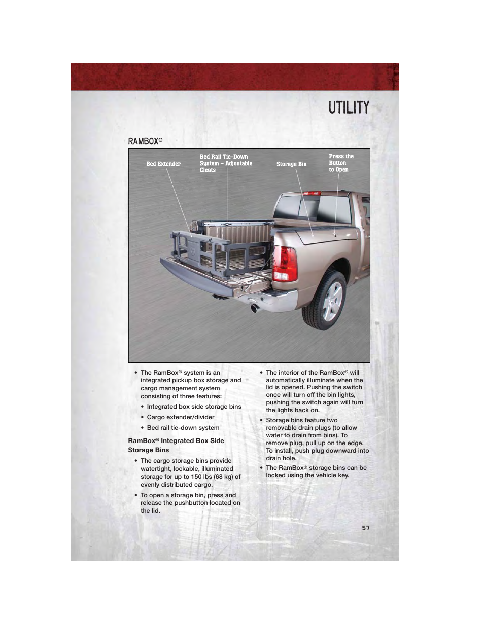 Rambox, Rambox® integrated box side storage bins, Utility | Ram Trucks 2011 3500 - User Guide User Manual | Page 59 / 116