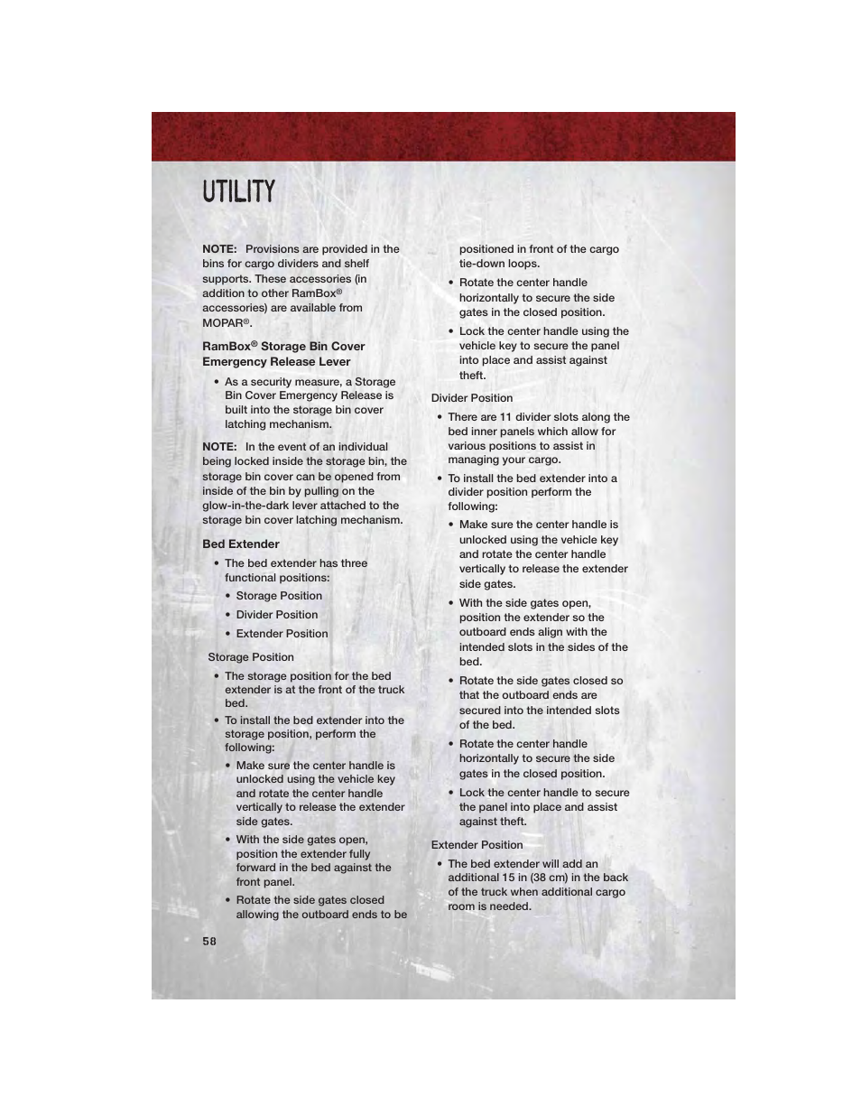 Rambox® storage bin cover emergency release lever, Bed extender, Utility | Ram Trucks 2011 3500 - User Guide User Manual | Page 60 / 116