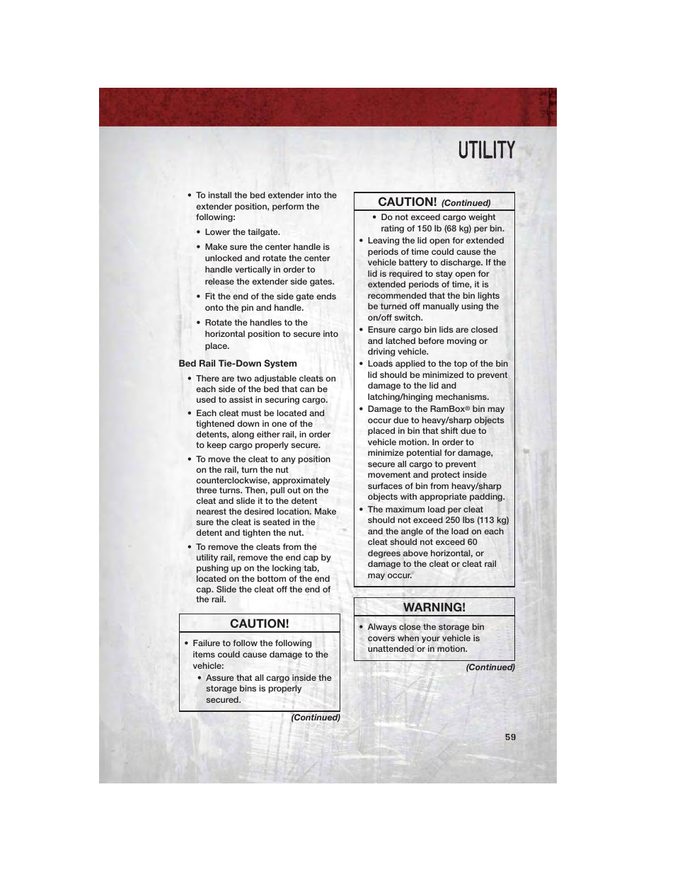Bed rail tie-down system, Utility, Caution | Warning | Ram Trucks 2011 3500 - User Guide User Manual | Page 61 / 116