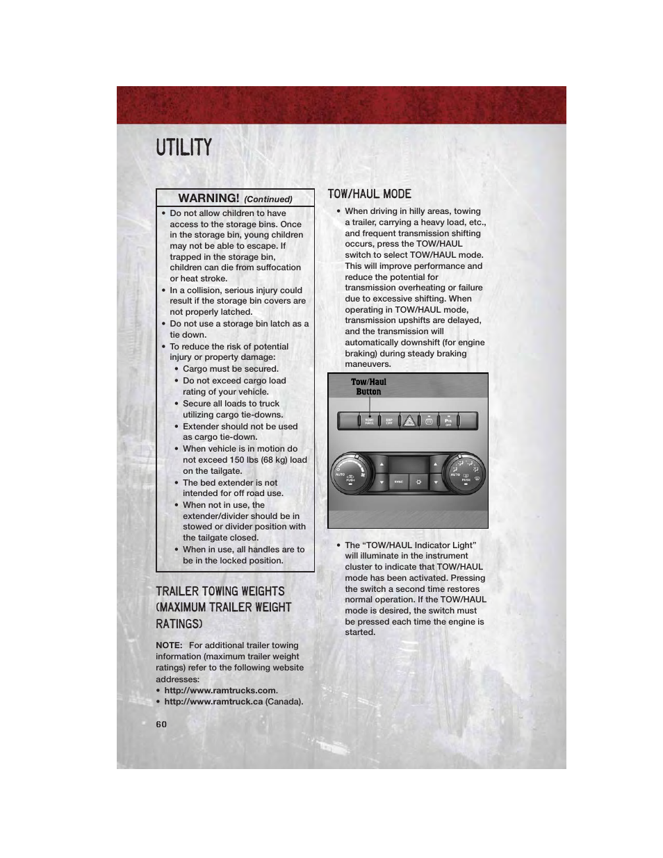 Tow/haul mode, Utility, Warning | Ram Trucks 2011 3500 - User Guide User Manual | Page 62 / 116