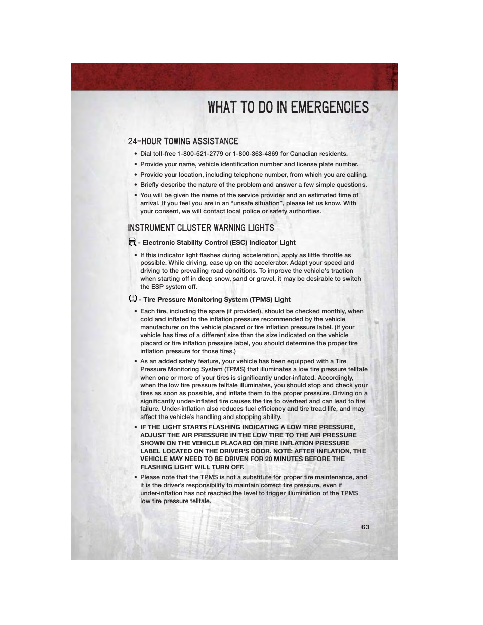 What to do in emergencies, Hour towing assistance, Instrument cluster warning lights | Electronic stability control (esc) indicator light, Tire pressure monitoring system (tpms) light | Ram Trucks 2011 3500 - User Guide User Manual | Page 65 / 116