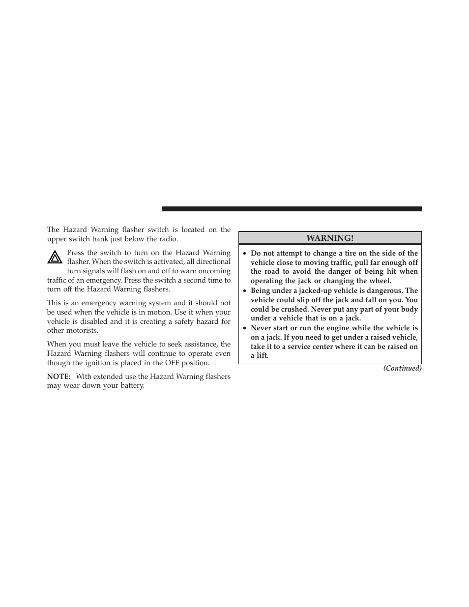 Hazard warning flashers, Jacking and tire changing | Ram Trucks 2011 Chassis Cab - Owner Manual User Manual | Page 372 / 494