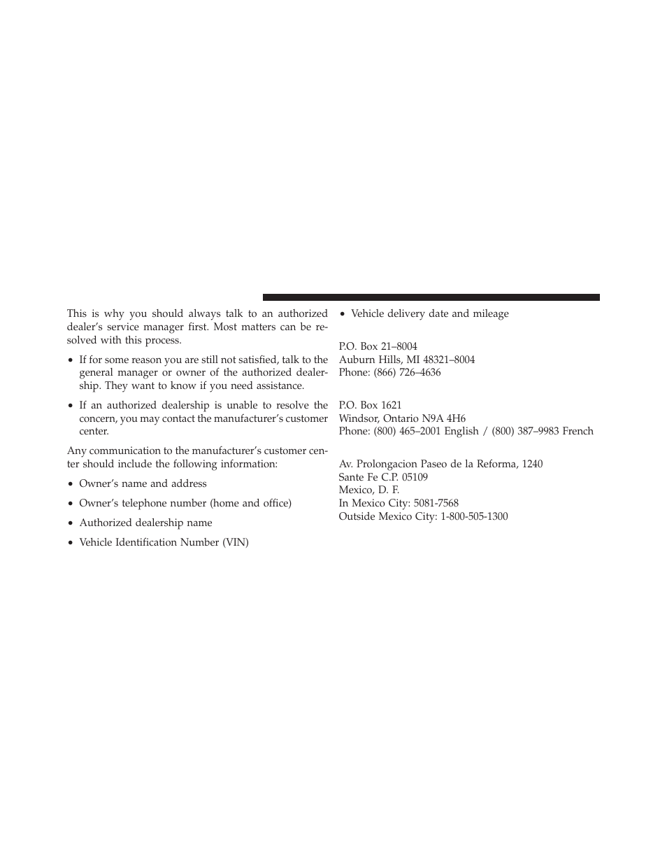 Chrysler group llc customer center, Chrysler canada inc. customer center, In mexico contact | Ram Trucks 2011 Chassis Cab - Owner Manual User Manual | Page 468 / 494