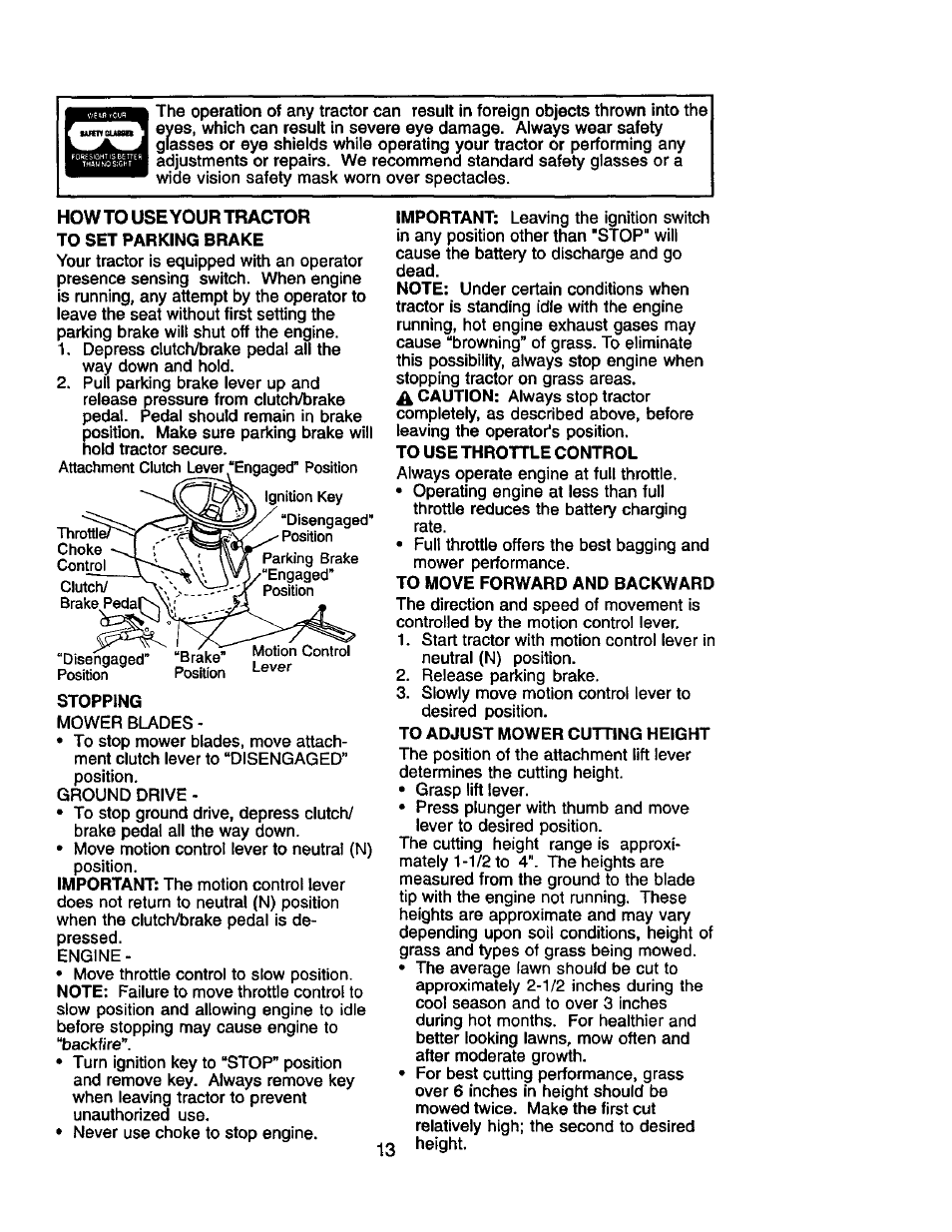 Stopping, To move forward and backward, To adjust mower cutting height | Craftsman 917.2720601 User Manual | Page 13 / 60