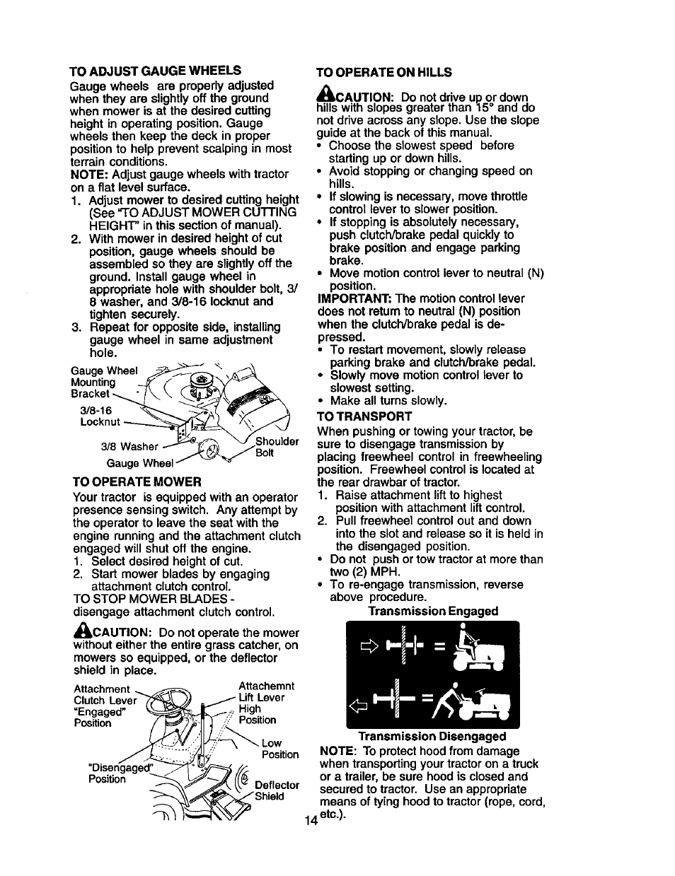 To operate on hills, To transport | Craftsman 917.2720601 User Manual | Page 14 / 60