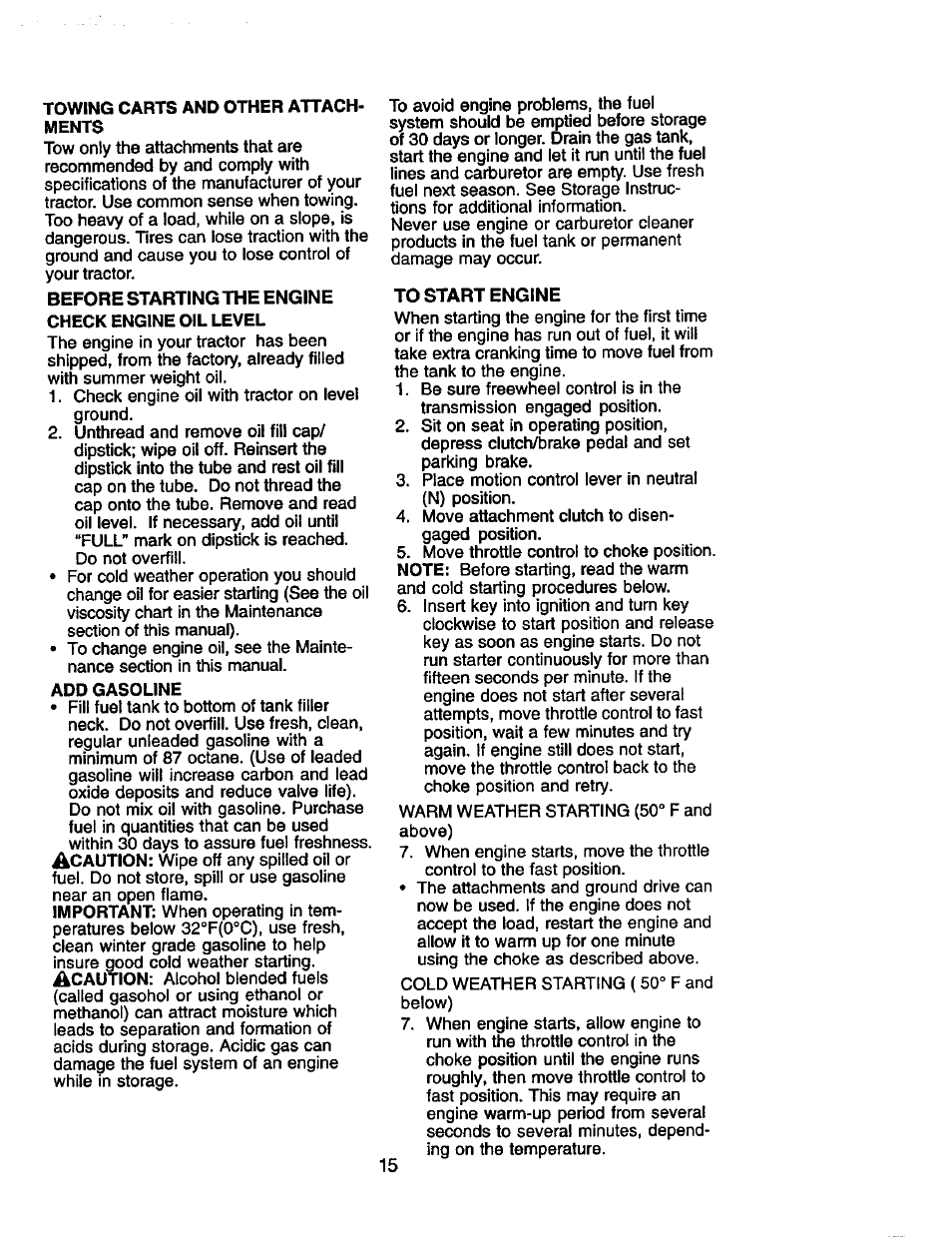 Towing carts and other attachments, Before starting the engine check engine oil level, Add gasoline | Craftsman 917.2720601 User Manual | Page 15 / 60