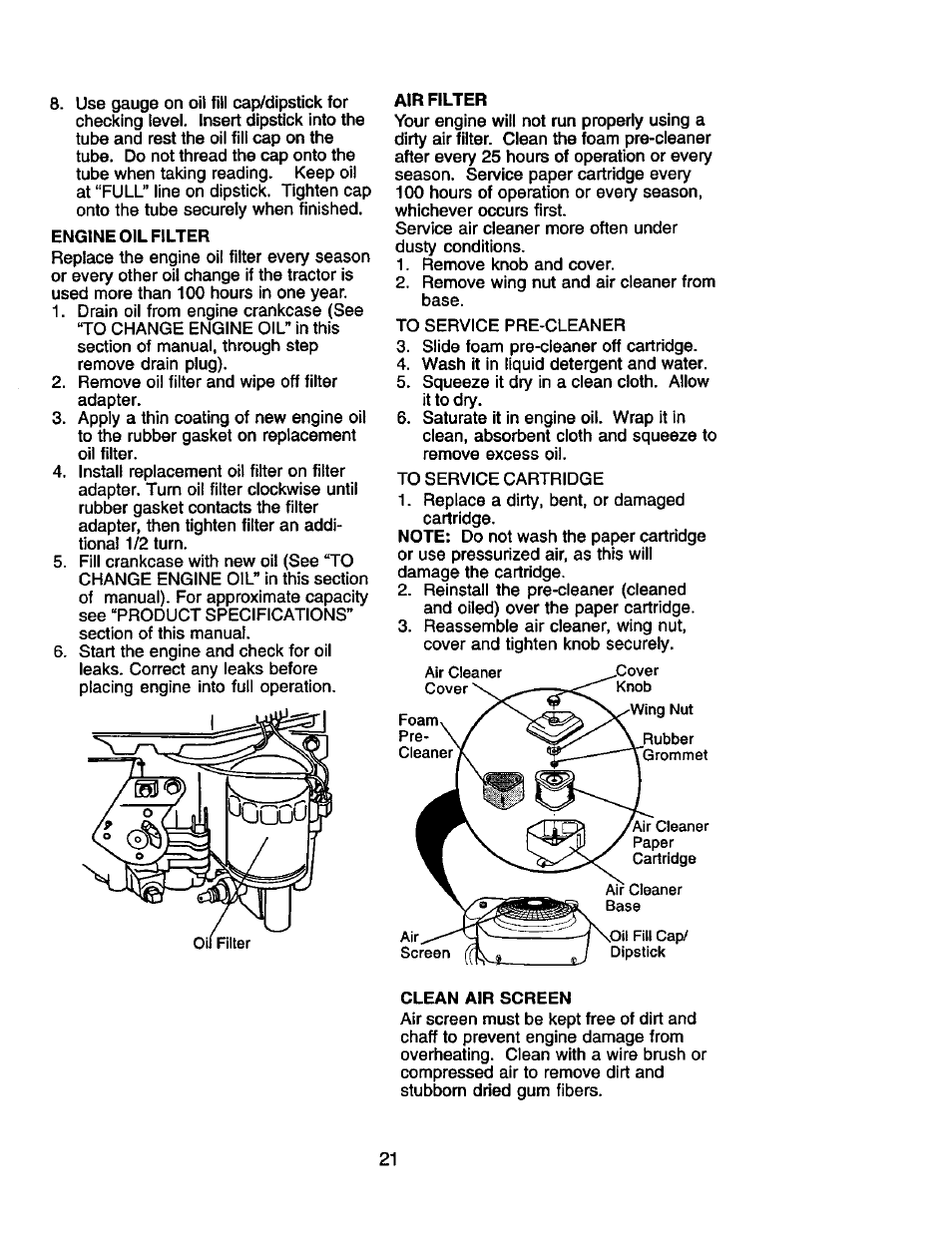 Engine oil filter, Clean air screen | Craftsman 917.2720601 User Manual | Page 21 / 60