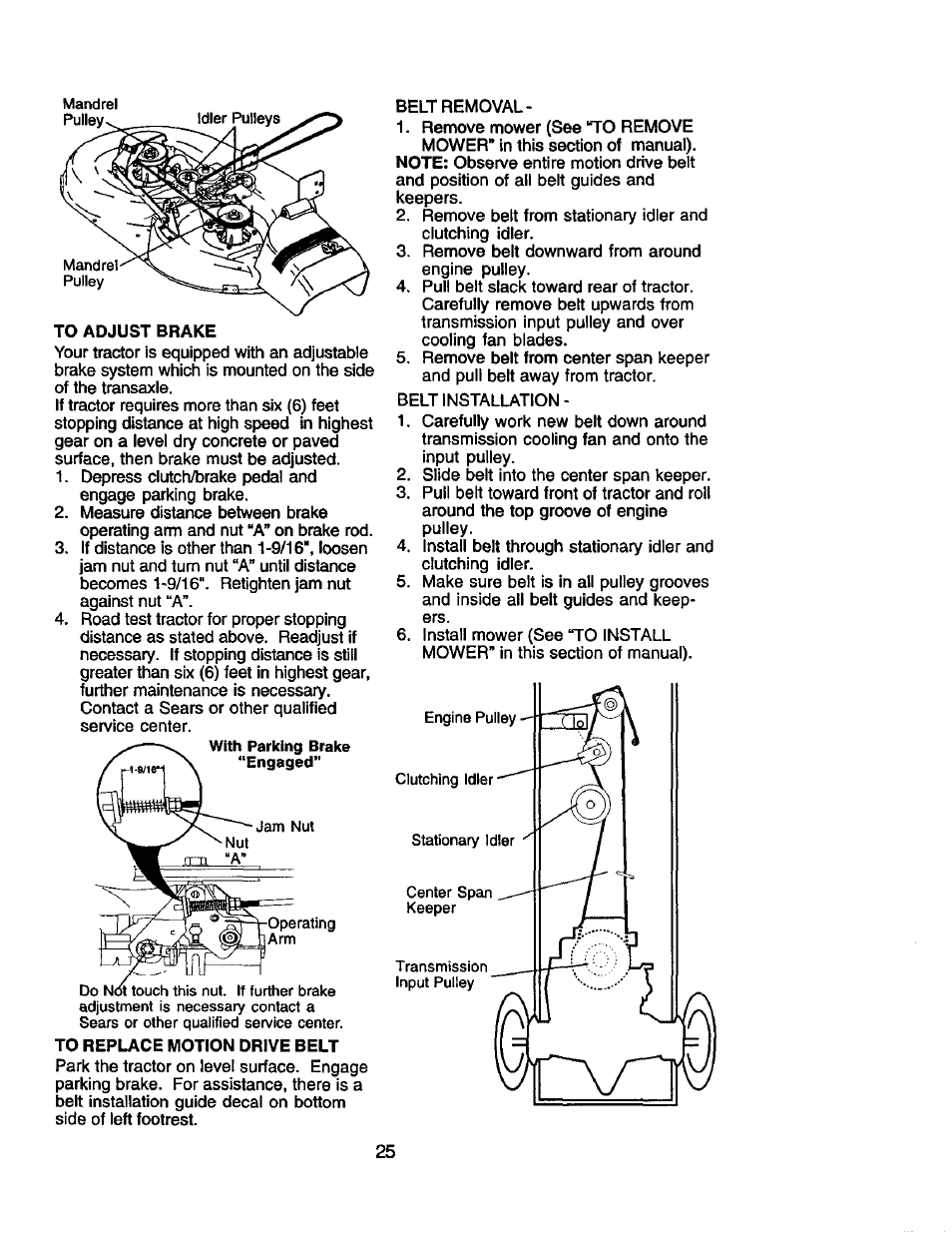To adjust brake, To replace motion drive belt | Craftsman 917.2720601 User Manual | Page 25 / 60