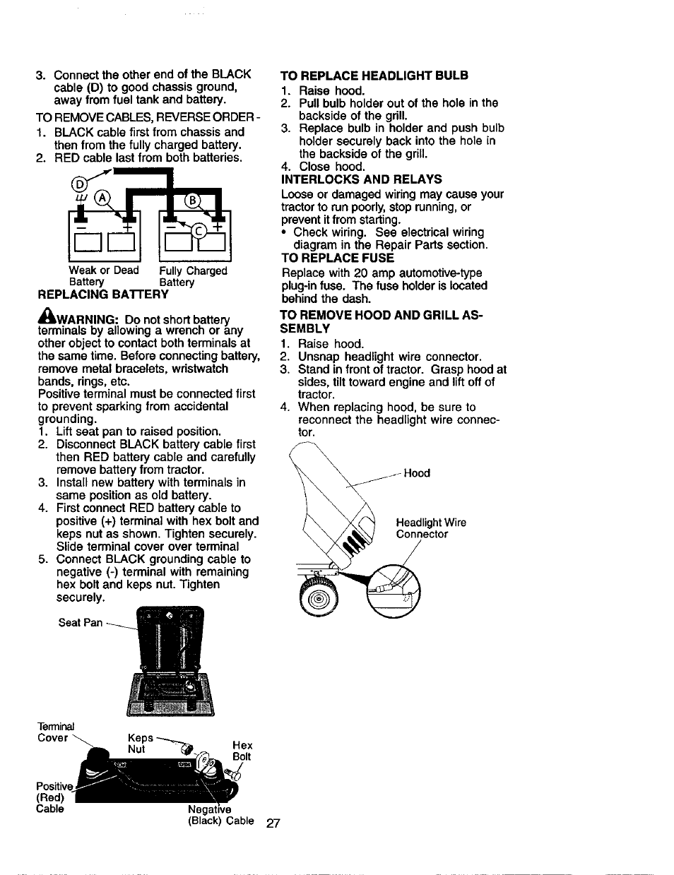 To replace headlight bulb, Interlocks and relays, To remove hood and grill assembly | Craftsman 917.2720601 User Manual | Page 27 / 60
