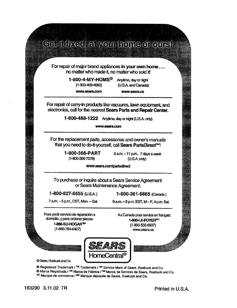Www,searsxom, Www.sears.ca, Homecentral | Craftsman 917.2720601 User Manual | Page 60 / 60