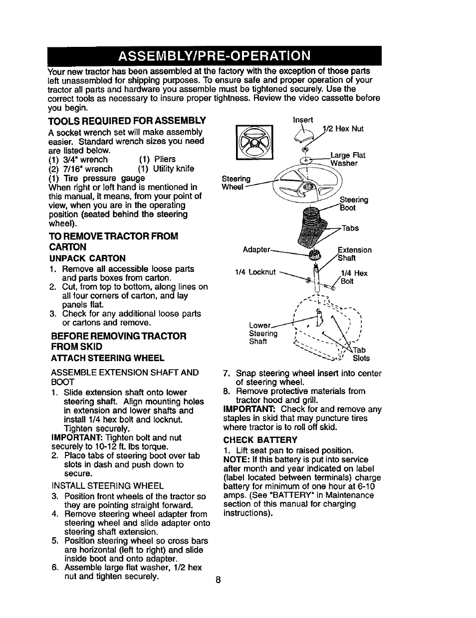 Unpack carton, Attach steering wheel, Asseivibly/pre-operation | Craftsman 917.2720601 User Manual | Page 8 / 60