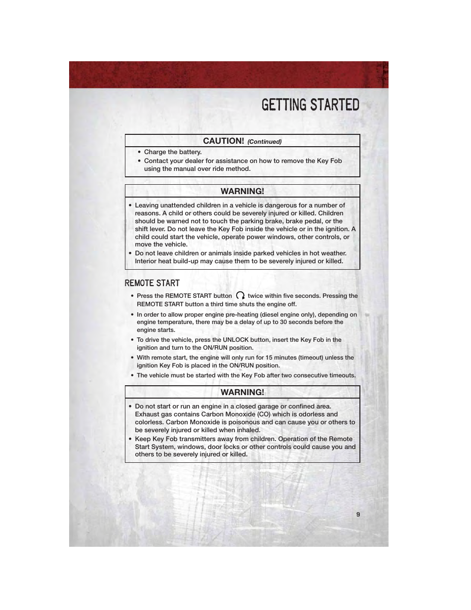 Remote start, Getting started, Caution | Warning | Ram Trucks 2011 Chassis Cab - User Guide User Manual | Page 11 / 92