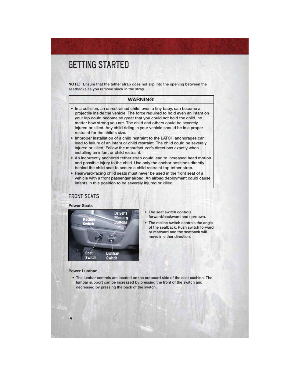 Front seats, Power seats, Power lumbar | Getting started | Ram Trucks 2011 Chassis Cab - User Guide User Manual | Page 16 / 92