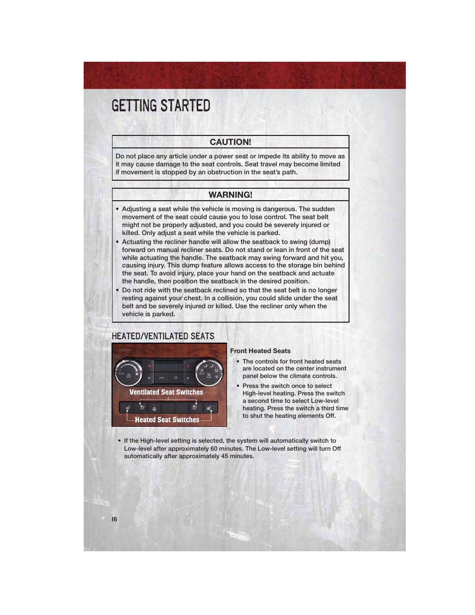 Heated/ventilated seats, Front heated seats, Getting started | Ram Trucks 2011 Chassis Cab - User Guide User Manual | Page 18 / 92