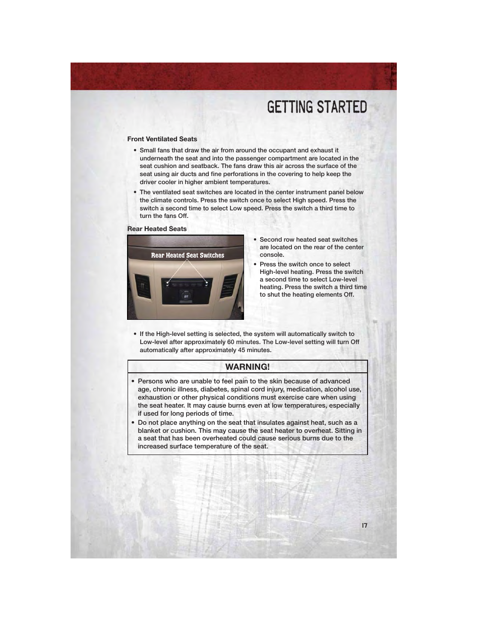 Front ventilated seats, Rear heated seats, Getting started | Ram Trucks 2011 Chassis Cab - User Guide User Manual | Page 19 / 92