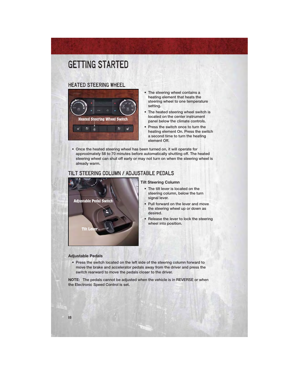 Heated steering wheel, Tilt steering column / adjustable pedals, Tilt steering column | Adjustable pedals, Getting started | Ram Trucks 2011 Chassis Cab - User Guide User Manual | Page 20 / 92