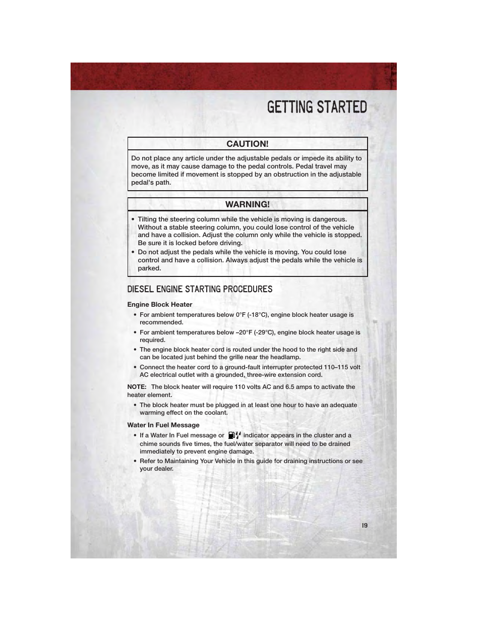 Diesel engine starting procedures, Engine block heater, Water in fuel message | Getting started | Ram Trucks 2011 Chassis Cab - User Guide User Manual | Page 21 / 92