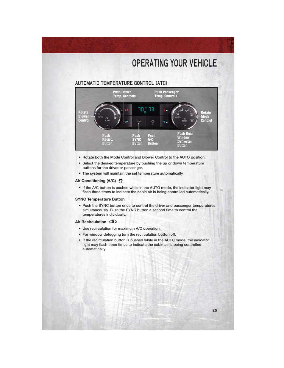Automatic temperature control (atc), Air conditioning (a/c), Sync temperature button | Air recirculation, Operating your vehicle | Ram Trucks 2011 Chassis Cab - User Guide User Manual | Page 27 / 92
