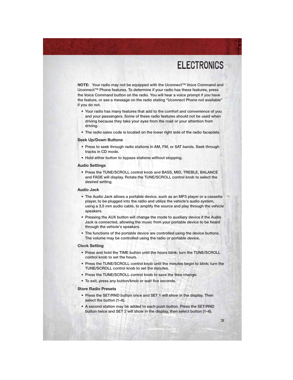 Seek up/down buttons, Audio settings, Audio jack | Clock setting, Store radio presets, Electronics | Ram Trucks 2011 Chassis Cab - User Guide User Manual | Page 33 / 92