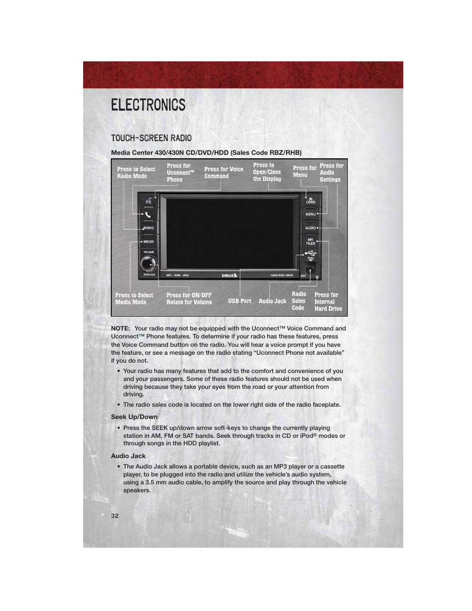 Touch-screen radio, Seek up/down, Audio jack | Electronics | Ram Trucks 2011 Chassis Cab - User Guide User Manual | Page 34 / 92