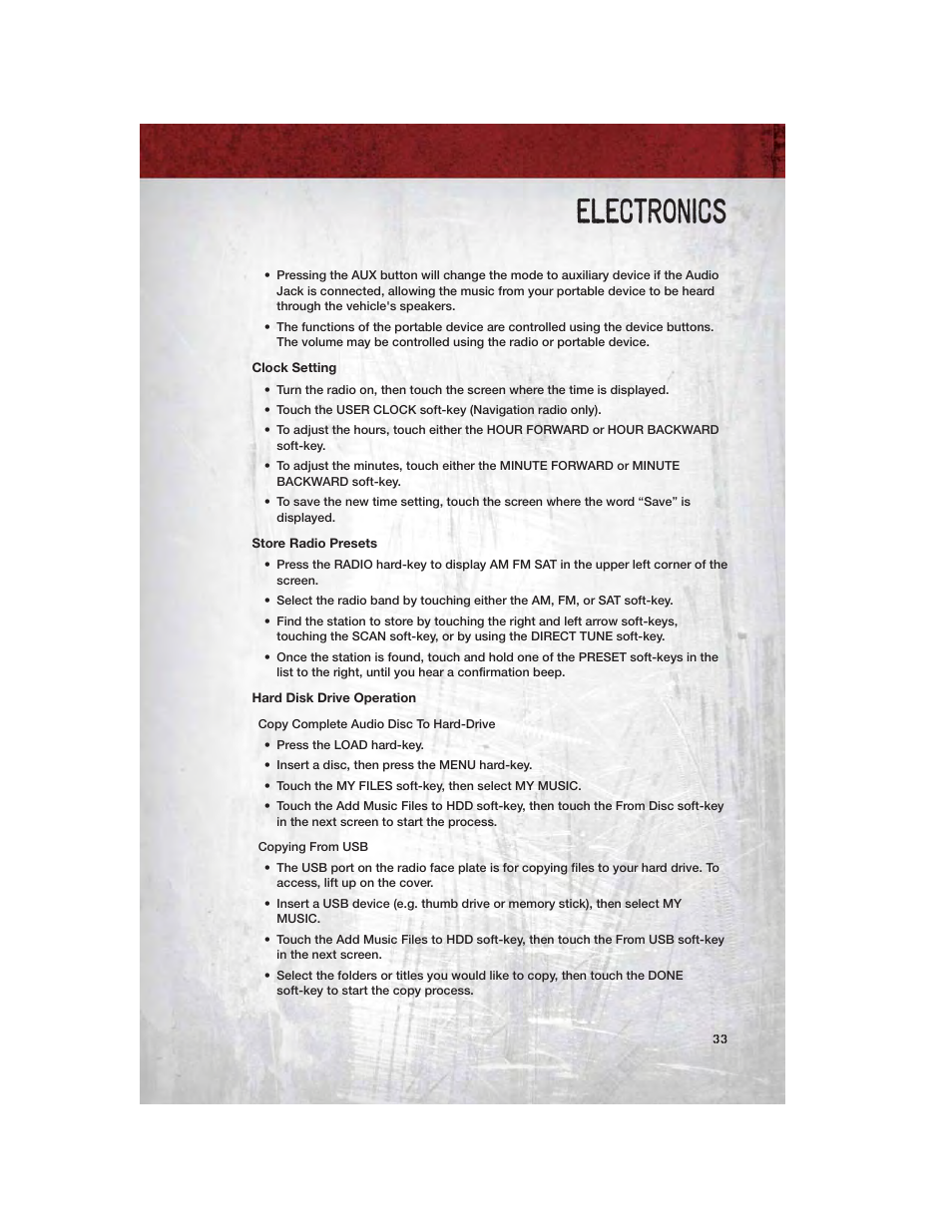 Clock setting, Store radio presets, Hard disk drive operation | Electronics | Ram Trucks 2011 Chassis Cab - User Guide User Manual | Page 35 / 92