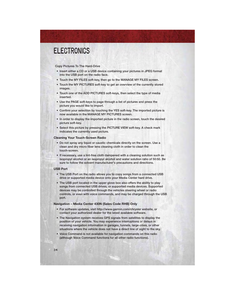 Cleaning your touch-screen radio, Usb port, Electronics | Ram Trucks 2011 Chassis Cab - User Guide User Manual | Page 36 / 92