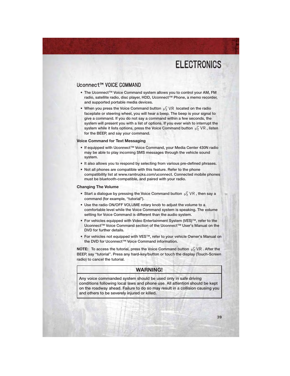 Uconnect™ voice command, Voice command for text messaging, Changing the volume | Electronics, Warning | Ram Trucks 2011 Chassis Cab - User Guide User Manual | Page 41 / 92