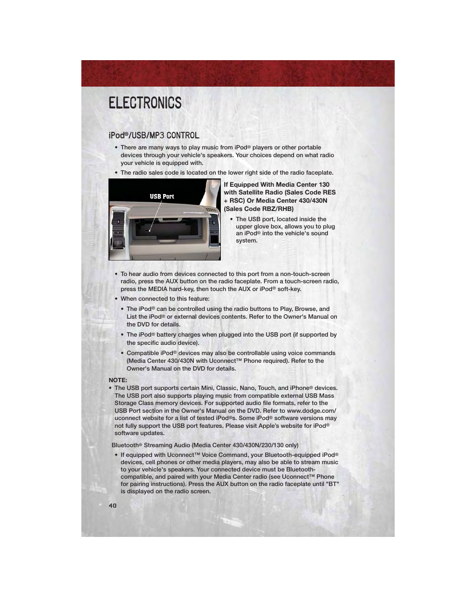 Ipod®/usb/mp3 control, Electronics, Ipod | Usb/mp3 control | Ram Trucks 2011 Chassis Cab - User Guide User Manual | Page 42 / 92
