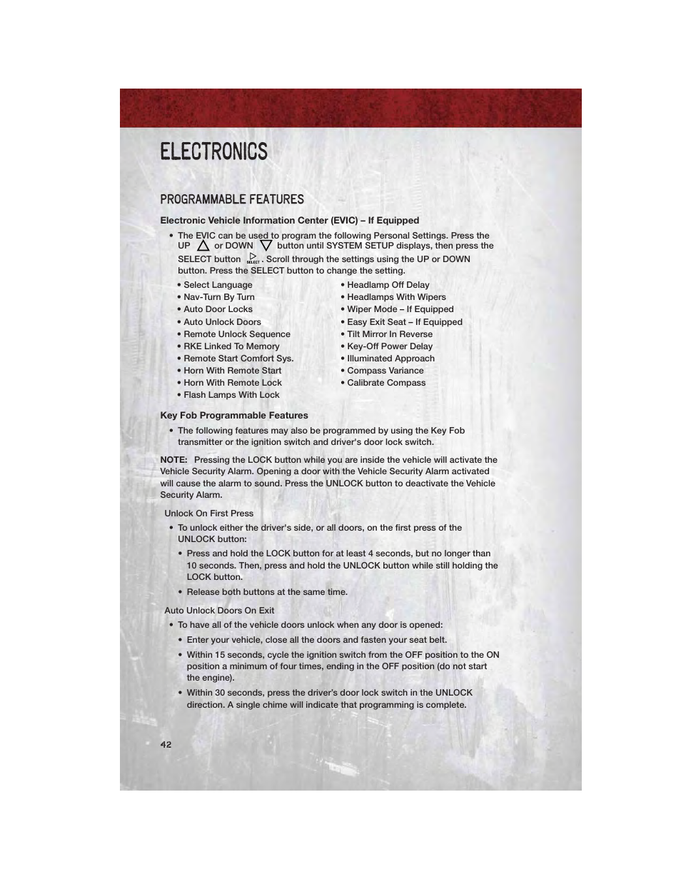 Programmable features, Key fob programmable features, Electronics | Ram Trucks 2011 Chassis Cab - User Guide User Manual | Page 44 / 92