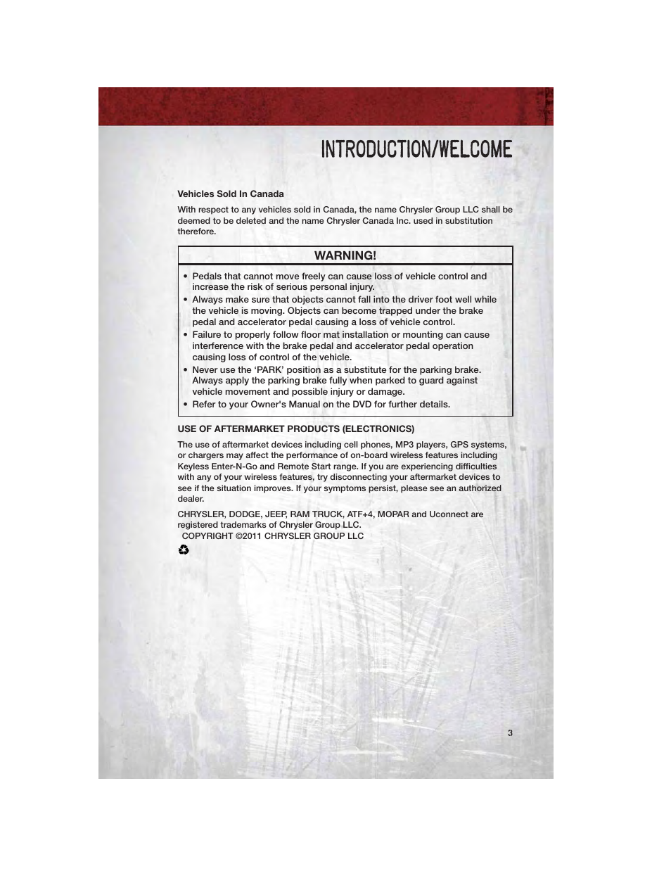 Vehicles sold in canada, Use of aftermarket products (electronics), Introduction/welcome | Ram Trucks 2011 Chassis Cab - User Guide User Manual | Page 5 / 92
