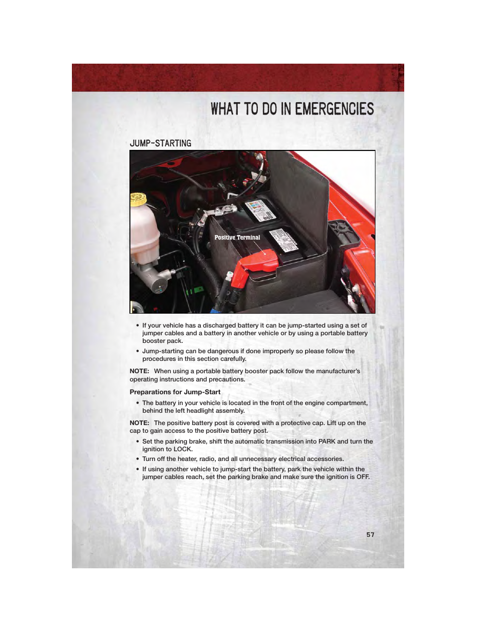 Jump-starting, Preparations for jump-start, What to do in emergencies | Ram Trucks 2011 Chassis Cab - User Guide User Manual | Page 59 / 92