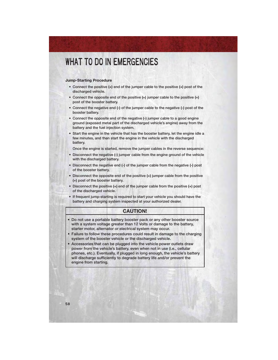 Jump-starting procedure, What to do in emergencies, Caution | Ram Trucks 2011 Chassis Cab - User Guide User Manual | Page 60 / 92