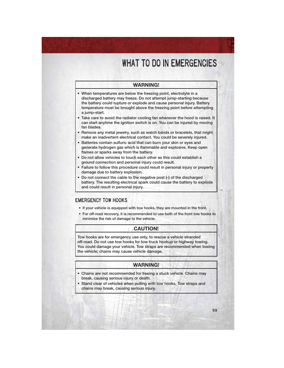 Emergency tow hooks, What to do in emergencies | Ram Trucks 2011 Chassis Cab - User Guide User Manual | Page 61 / 92