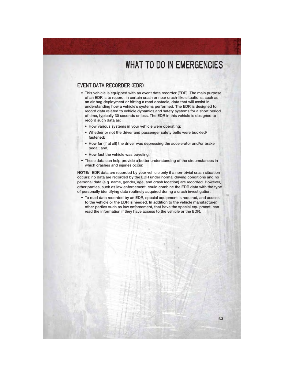Event data recorder (edr), What to do in emergencies | Ram Trucks 2011 Chassis Cab - User Guide User Manual | Page 65 / 92