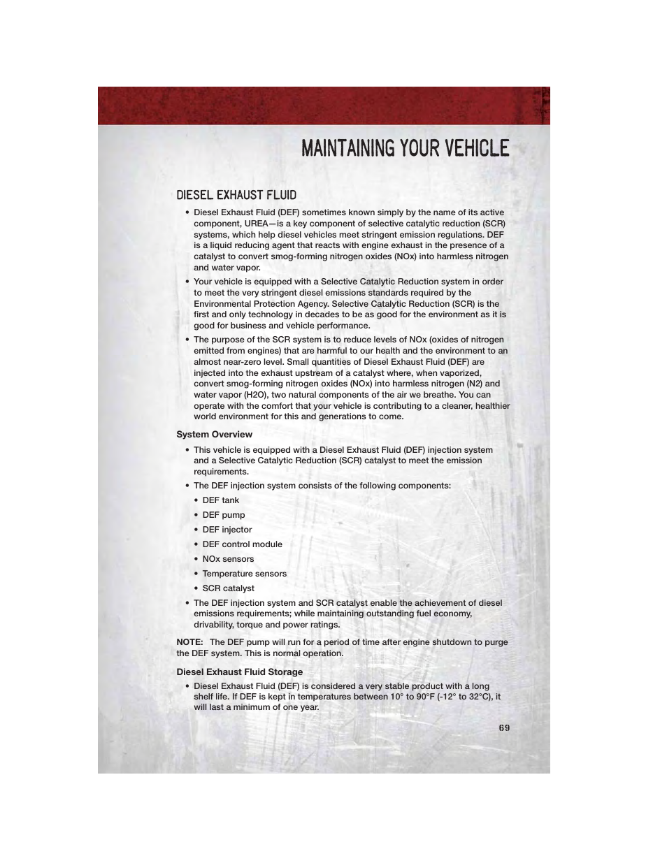Diesel exhaust fluid, System overview, Diesel exhaust fluid storage | Maintaining your vehicle | Ram Trucks 2011 Chassis Cab - User Guide User Manual | Page 71 / 92