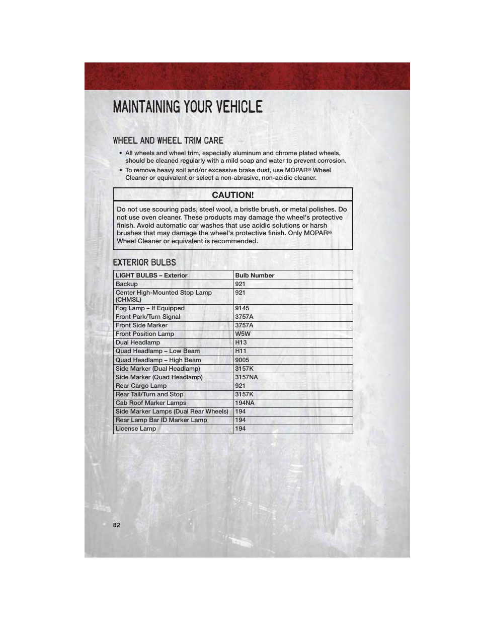 Wheel and wheel trim care, Exterior bulbs, Maintaining your vehicle | Caution | Ram Trucks 2011 Chassis Cab - User Guide User Manual | Page 84 / 92
