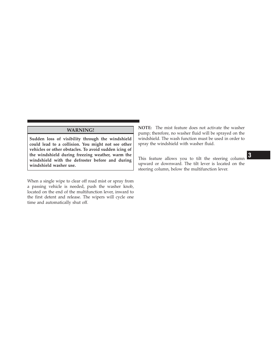 Mist feature, Tilt steering column | Ram Trucks 2012 3500 - Owner Manual User Manual | Page 169 / 726