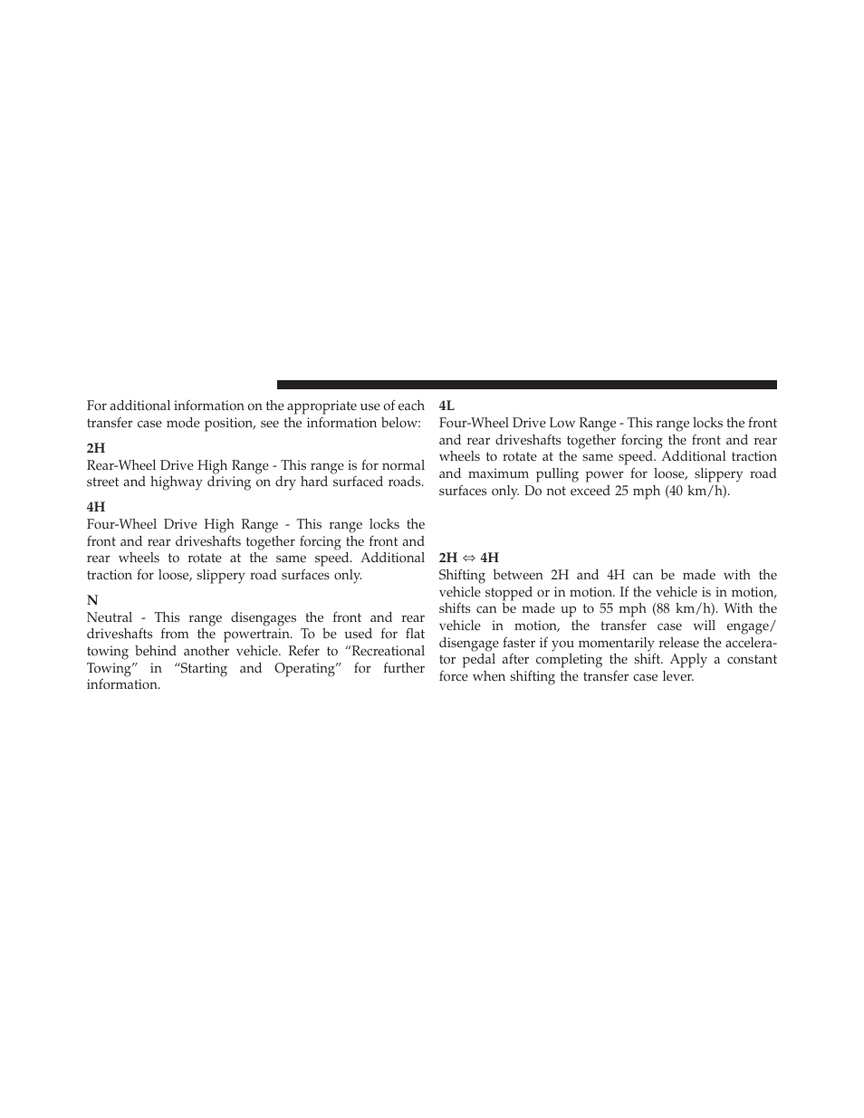 Shifting procedure – manually shifted, Transfer case | Ram Trucks 2012 Chassis Cab - Owner Manual User Manual | Page 292 / 502