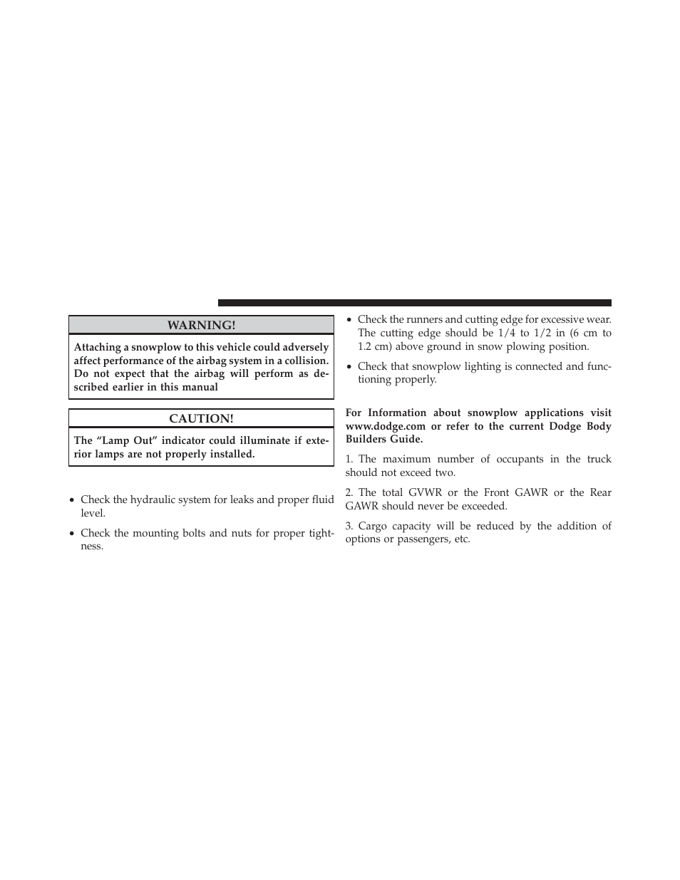 Before plowing, Snowplow prep package model availability, Snowplow prep package model | Availability | Ram Trucks 2012 Chassis Cab - Owner Manual User Manual | Page 364 / 502