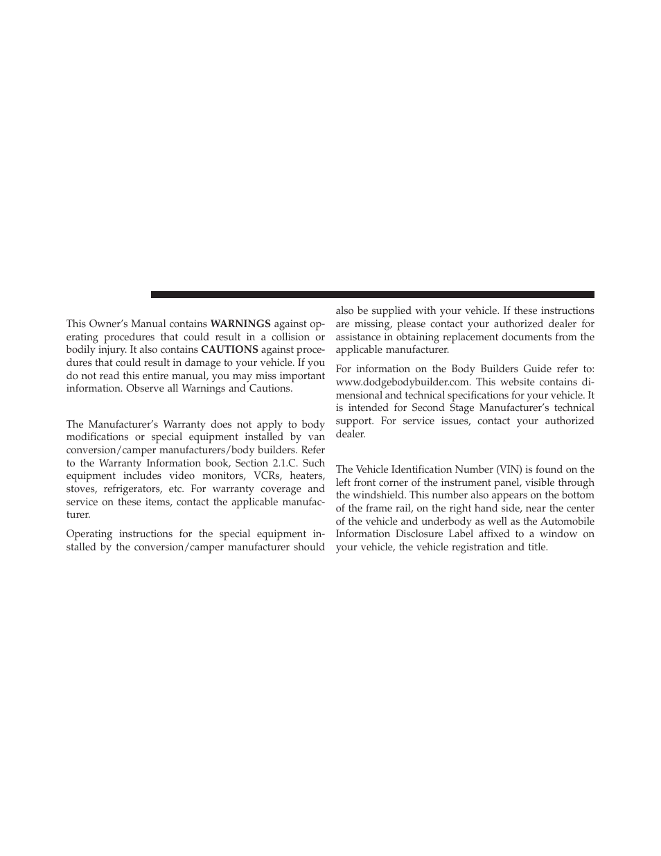 Warnings and cautions, Van conversions/campers, Vehicle identification number | Ram Trucks 2012 Chassis Cab - Owner Manual User Manual | Page 8 / 502