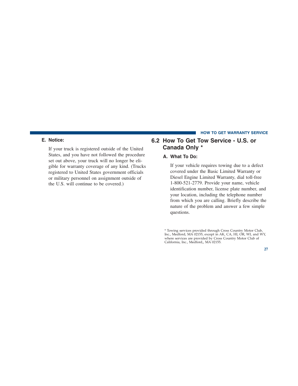 How to get tow service - u.s. or canada only, How to get tow service - u.s. or, Canada only | 2 how to get tow service - u.s. or canada only | Ram Trucks 2012 Chassis Cab - Warranty Manual User Manual | Page 29 / 44