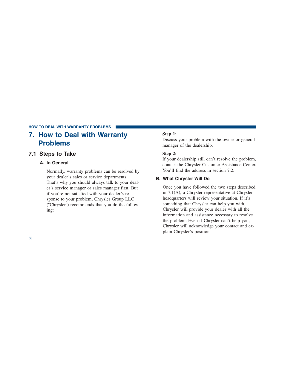 How to deal with warranty problems, Steps to take | Ram Trucks 2012 Chassis Cab - Warranty Manual User Manual | Page 32 / 44