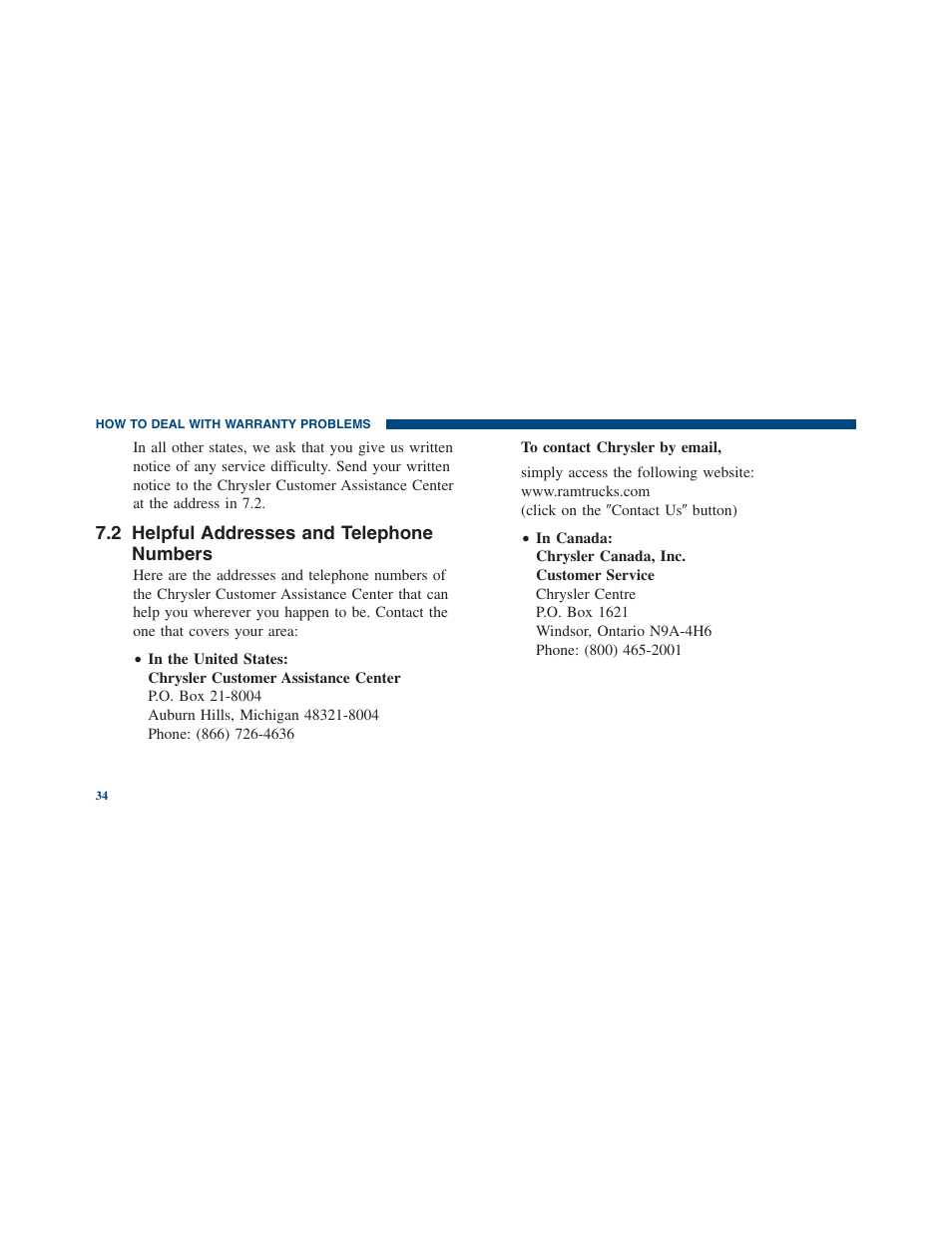 Helpful addresses and telephone numbers | Ram Trucks 2012 Chassis Cab - Warranty Manual User Manual | Page 36 / 44