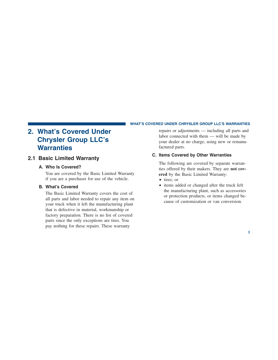 Basic limited warranty, What’s covered under chrysler group llc’s, Warranties | Ram Trucks 2012 Chassis Cab - Warranty Manual User Manual | Page 7 / 44